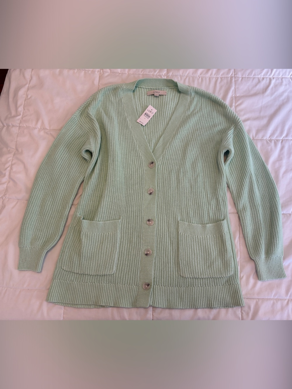 LOFT Mint Green Ribbed Button-Front Cardigan